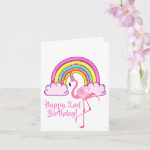 Carte Unicorn Flamant rose Magique Rainbow Girl 2e anniv