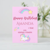 Carte Unicorn magique 1er anniversaire rose fille un an (Debout devant)
