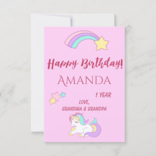 Carte Unicorn magique 1er anniversaire rose fille un an