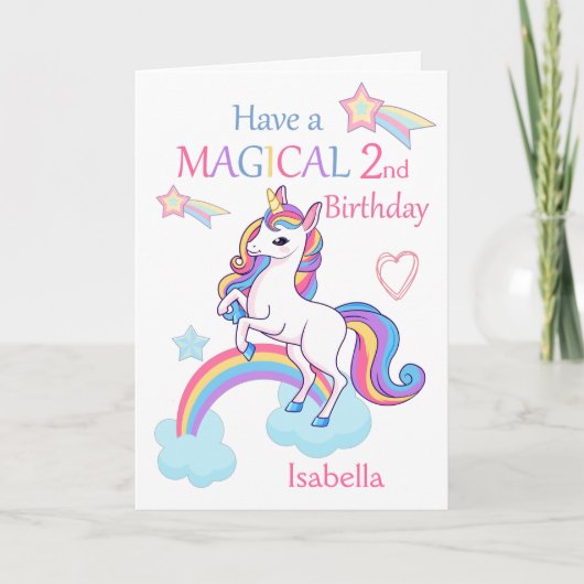 Carte Unicorn Magique 2e anniversaire rose (Devant)