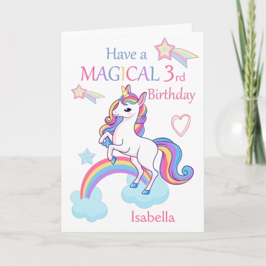 Carte Unicorn Magique 3e anniversaire rose (Devant)