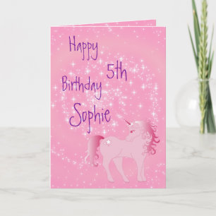 Carte Unicorn rose et blanc mignon fille âge Anniversair