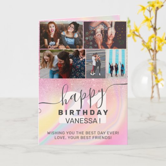 Carte Unicorne arc-en-ciel parties scintillant d'anniver (Fleur jaune)