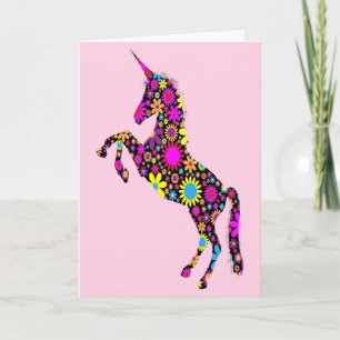 Carte Unicorne florale sur rose, anniversaire