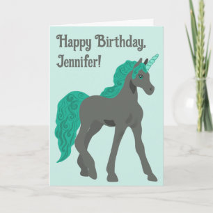 Carte Unicorne grise et Turquoise Anniversaire personnal