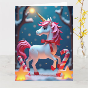Carte Unicorne magique avec ruban à Noël enneigé