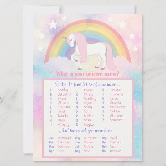 Carte Unicorne Nom Jeu Anniversaire & Baby shower (Devant)