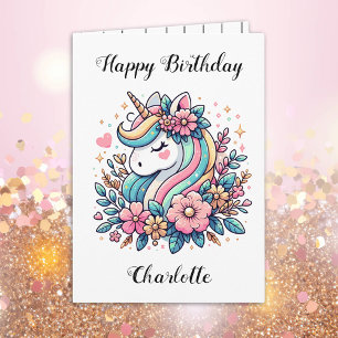 Carte Unicorne personnalisée et Fleurs Anniversaire de l