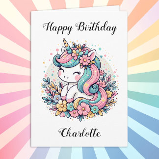 Carte Unicorne personnalisée et Fleurs Anniversaire de l