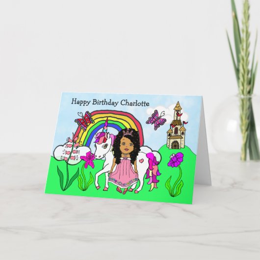 Carte Unicorne personnalisée et princesse Anniversaire (Devant)