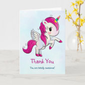 Carte Unicorne rose mignonne avec Merci d'ailes (Fleur jaune)