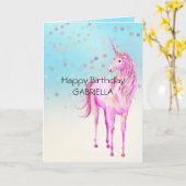 Carte Unicorne rose or Confetti Nom personnalisé (Fleur jaune)