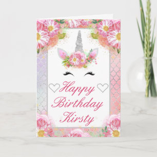 Carte Unicorne Visage rose Argent Anniversaire