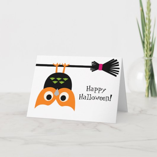 Carte Upside Down Owl on Broom Halloween (Devant)