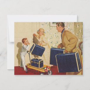 Carte Vacances de famille vintage, papa, enfants et vali