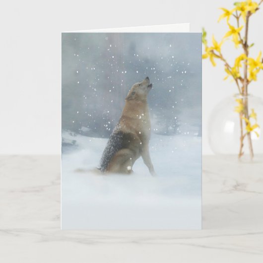 Carte Vacances de Noël Wolf dans la neige (Fleur jaune)
