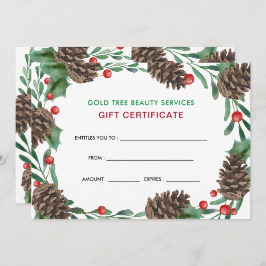 Carte Vacances en Aquarelle Pinecones | Certificat cadea (Devant / Derrière)