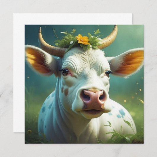 Carte Vache Ai blanche mignonne avec cornes et fleurs (Devant / Derrière)