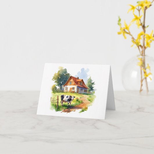 Carte Vache avec ancienne ferme BLANC (Fleur jaune)