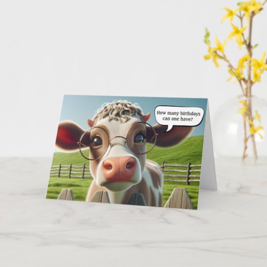 Carte Vache avec lunettes de vue Humour d'anniversaire (Fleur jaune)
