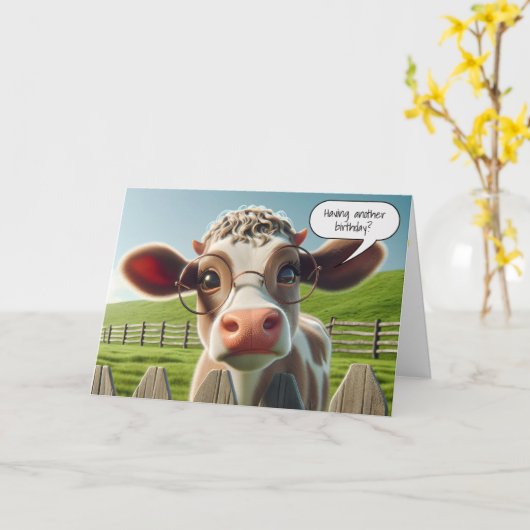 Carte Vache avec lunettes de vue Humour d'anniversaire (Fleur jaune)