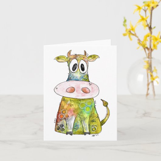 Carte Vache blanche couleur blanc mignon (Fleur jaune)