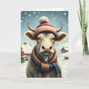 Carte Vache de ferme en tenue d'hiver preppy et chapeau