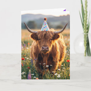 Carte Vache des Highlands avec chapeau de fête d'anniver