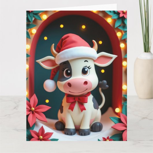 Carte Vache douce avec chapeau de Père Noël dans la scèn (Devant)
