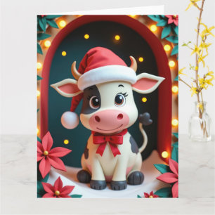 Carte Vache douce avec un chapeau de Père Noël dans une
