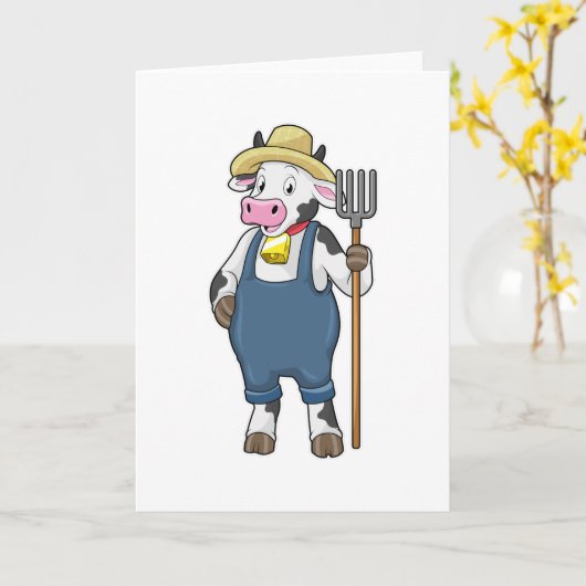 Carte Vache en fermier avec fourche (Fleur jaune)
