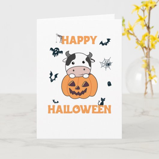 Carte Vache En Vaches mignonnes Citrouilles Bonne Hallow (Fleur jaune)
