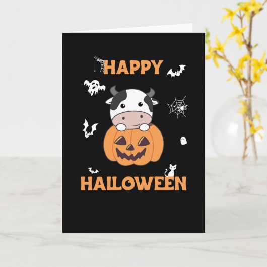 Carte Vache En Vaches mignonnes Citrouilles Bonne Hallow (Fleur jaune)