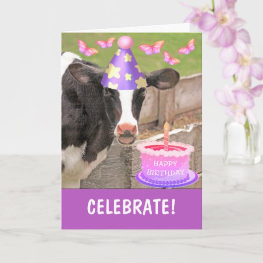Carte Vache Et Gâteau Joyeux Anniversaire (Orchidée)