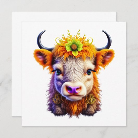 Carte Vache Highland mignonne avec une fleur dans les ch (Devant / Derrière)