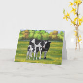 Carte Vache Holstein et veau mignon en pâturage d'été (Fleur jaune)