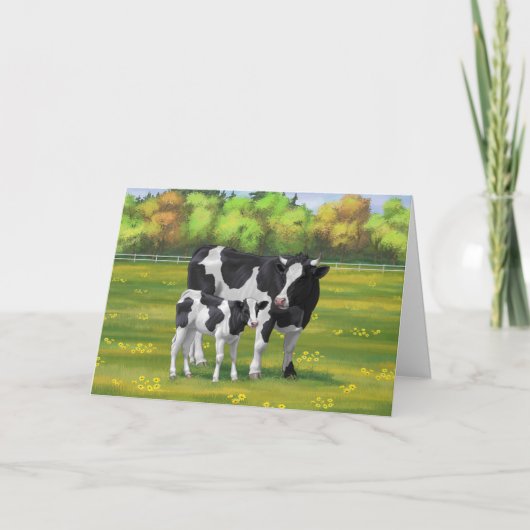 Carte Vache Holstein et veau mignon en pâturage d'été (Devant)