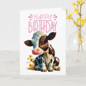 Carte Vache marguerite fille rose (Fleur jaune)