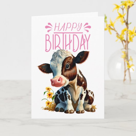 Carte Vache marguerite fille rose (Fleur jaune)