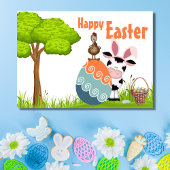 Carte Vache mignonne, coq et oeufs colorés ferme Pâques