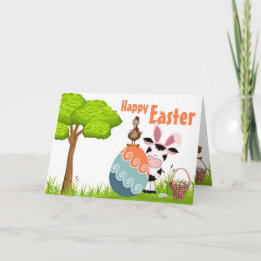 Carte Vache mignonne, coq et oeufs colorés ferme Pâques