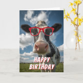 Carte Vache mignonne Joyeux anniversaire (Fleur jaune)