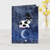 Carte Vache mignonne sautée au-dessus de la lune Hallowe (Fleur jaune)