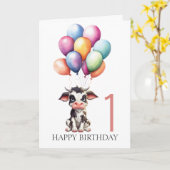 Carte Vache noire douce 1er anniversaire (Fleur jaune)