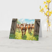Carte Vaches d'anniversaire s'échappant d'un pâturage (Fleur jaune)
