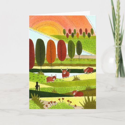 Carte Vaches Highland dans le champ agricole d'automne (Devant)