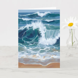 Carte Vagues de l'océan déferlantes   Aquarelle bleue cô