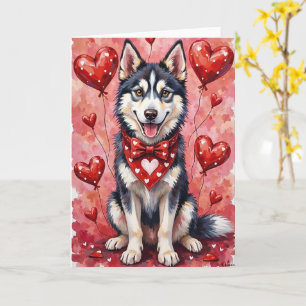 Carte Valentin Husky Sibérien Chien Assis avec des Cœurs