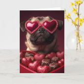 Carte Valentin Pug joueur dans une boîte en forme de cœu (Fleur jaune)