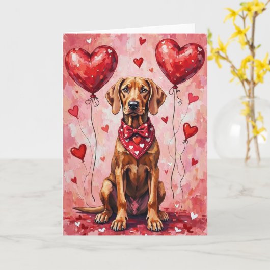 Carte Valentin Weimaraner Chien Assis avec des Cœurs Rou (Fleur jaune)